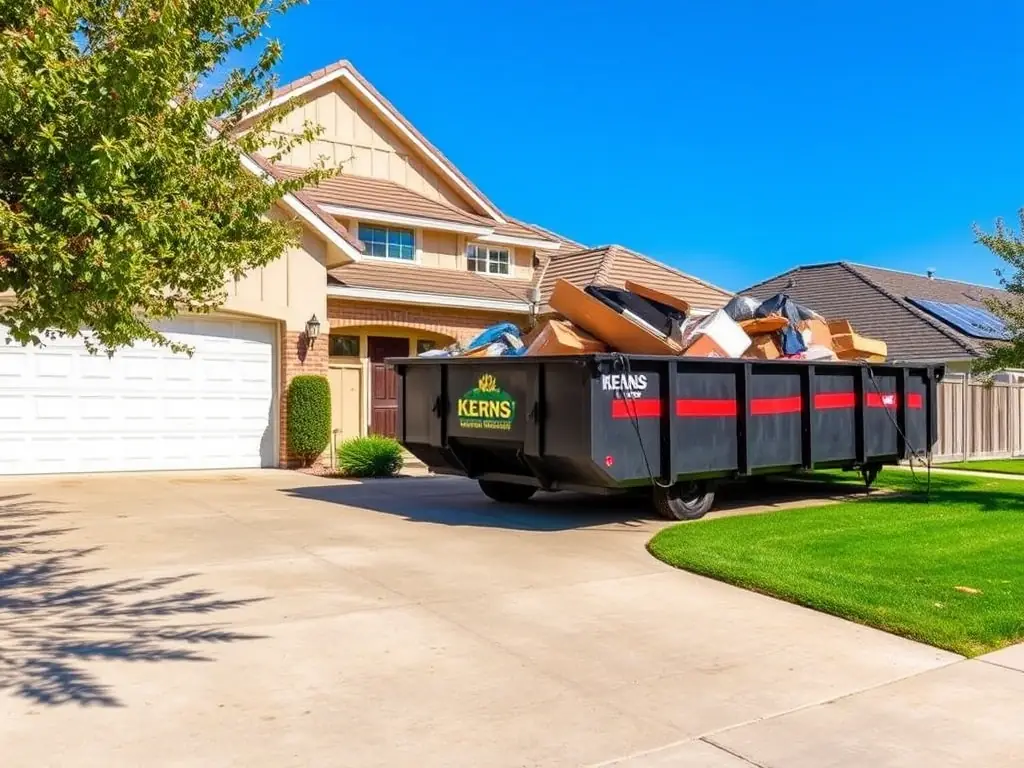 A clean and organized residential property with a dumpster for junk removal, showcasing Kerns Property Cleaning's junk removal service.