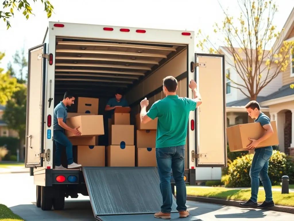 A team of movers carefully loading boxes into a truck, representing Kerns Property Cleaning's moving assistance service.