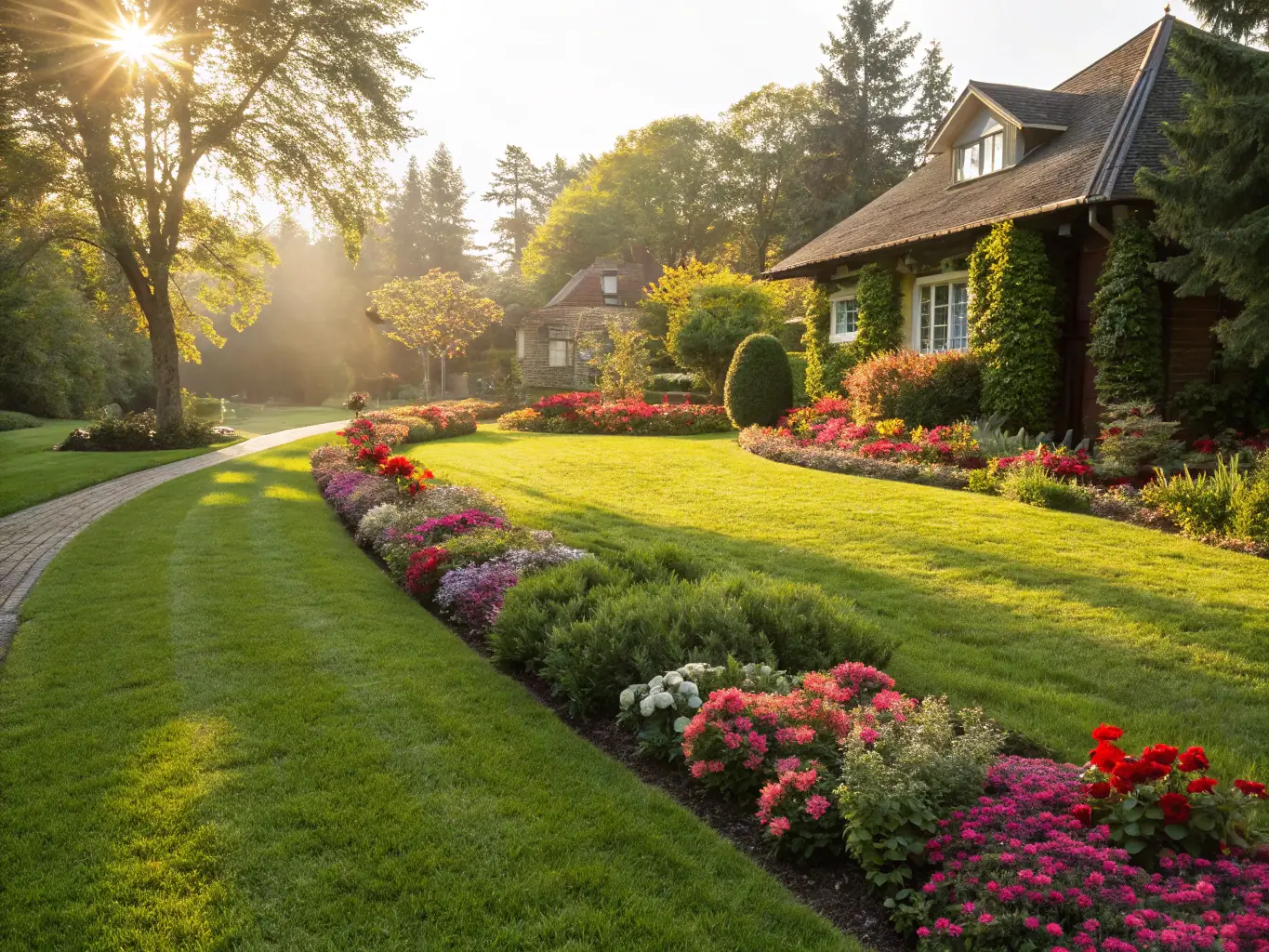 A well-maintained yard with trimmed grass and neatly arranged plants, illustrating Kerns Property Cleaning's yard clean-up service.